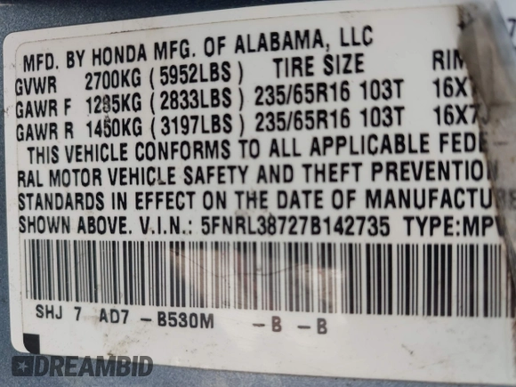 2007 Honda Odyssey EX-L with VIN 5FNRL38727B142735, listed as a IAAI auction lot 42093062 with 195,653 mi miles and . Bid and sale history available at DreamBid. Image 9.