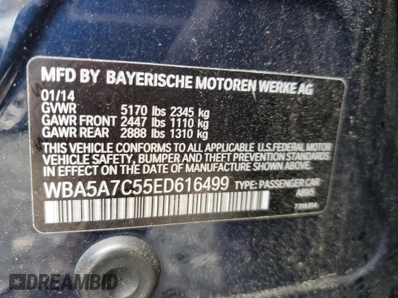 2014 BMW 5 Series 528i xDrive with VIN WBA5A7C55ED616499, listed as a Copart auction lot 51789385 with 136,122 mi miles and Salvage Title. Bid and sale history available at DreamBid. Image 14.