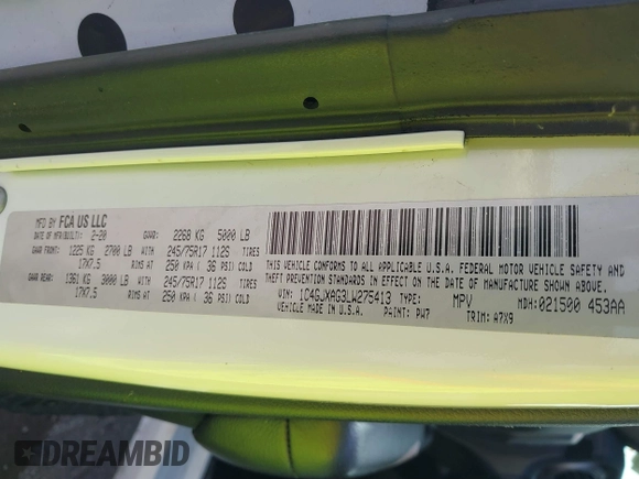 2020 Jeep Wrangler Sport S с VIN 1C4GJXAG3LW275413, выставлен на аукционе IAAI как лот 41884921 с пробегом 63 727 миль миль и . История ставок и продаж доступна на DreamBid. Изображение 9.