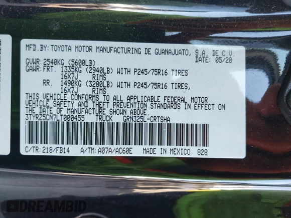 2020 Toyota Tacoma SR z VIN 3TYRZ5CN7LT000455, wystawiony jako IAAI lot #42313072 z przebiegiem 43 815 mil mil oraz . Historia ofert i sprzedaży dostępna na DreamBid. Obrazek 9.