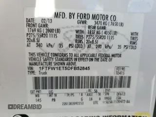 2013 Ford F-150 XL with VIN 1FTFW1ET5DFB52845, listed as a Copart auction lot 57955665 with 190,251 mi miles and Salvage title. Bid and sale history available at DreamBid. Image 12.