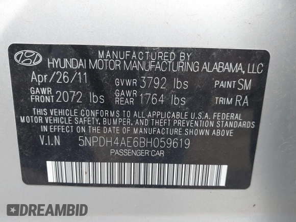2011 Hyundai Elantra Limited with VIN 5NPDH4AE6BH059619, listed as a IAAI auction lot 42109300 with 178,573 mi miles and . Bid and sale history available at DreamBid. Image 9.