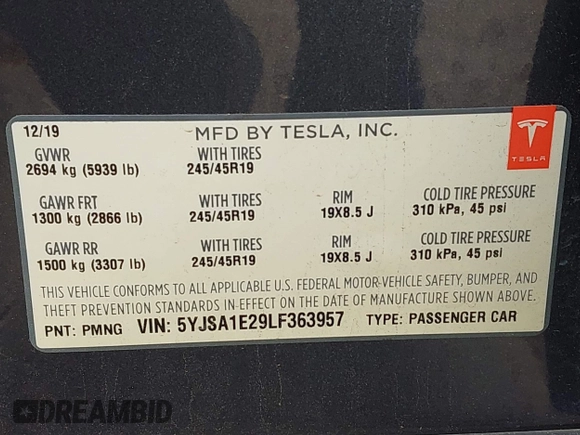 2020 Tesla Model S Long Range with VIN 5YJSA1E29LF363957, listed as a IAAI auction lot 42402667 with 45,058 mi miles and . Bid and sale history available at DreamBid. Image 9.