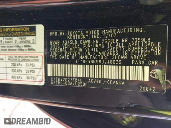 2008 Toyota Camry LE z VIN 4T1BE46K98U248029, wystawiony jako IAAI lot #42228084 z przebiegiem 108 006 mil mil oraz . Historia ofert i sprzedaży dostępna na DreamBid. Obrazek 9.