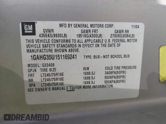 2005 Chevrolet Express Passenger with VIN 1GAHG35U151169241, listed as a IAAI auction lot 42586648 with 385,258 mi miles and . Bid and sale history available at DreamBid. Image 9.