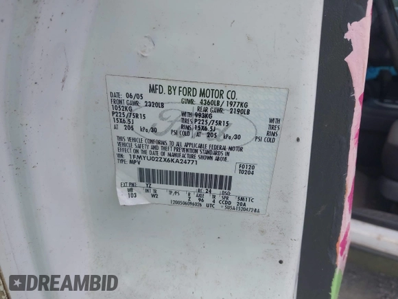 2006 Ford Escape XLS with VIN 1FMYU02ZX6KA24771, listed as a IAAI auction lot 42184269 with Not Provided miles and . Bid and sale history available at DreamBid. Image 9.