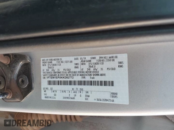 2019 Ford F-150 XL with VIN 1FTEW1EPXKKD82772, listed as a Copart auction lot 61176535 with 121,067 mi miles and Salvage title. Bid and sale history available at DreamBid. Image 12.
