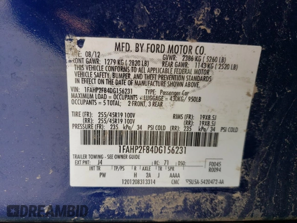 2013 Ford Taurus Limited with VIN 1FAHP2F84DG156231, listed as a Copart auction lot 49878215 with Not provided miles and Salvage title. Bid and sale history available at DreamBid. Image 13.
