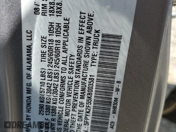 2019 Honda Ridgeline RTL with VIN 5FPYK2F55KB003581, listed as a Copart auction lot 61231815 with 77,166 mi miles and Salvage title. Bid and sale history available at DreamBid. Image 13.