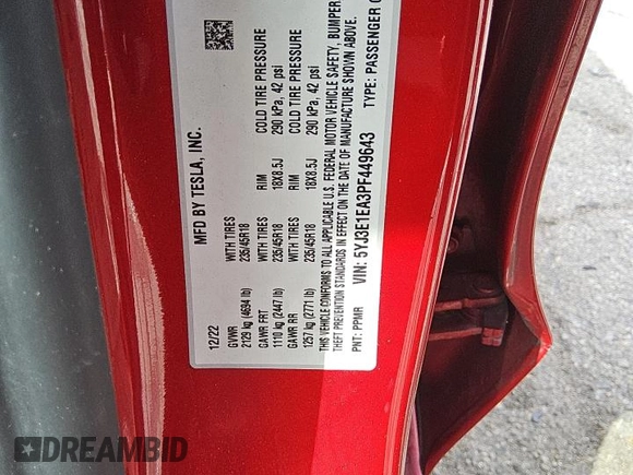 2023 Tesla Model 3 z VIN 5YJ3E1EA3PF449643, wystawiony jako Copart lot #49427105 z przebiegiem 43 791 mil mil oraz Czysty tytuł • Clean title. Historia ofert i sprzedaży dostępna na DreamBid. Obrazek 8.