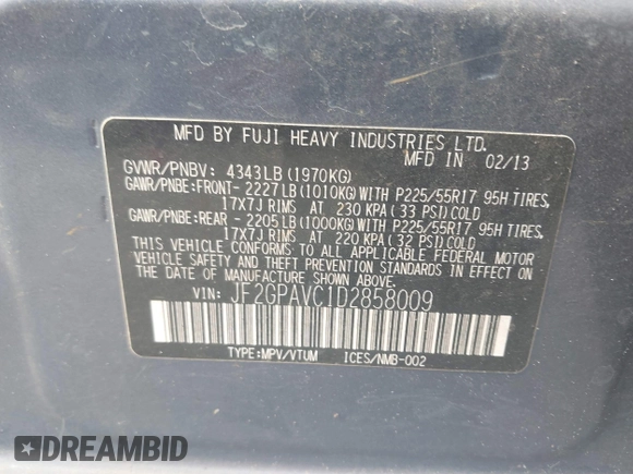 2013 Subaru Crosstrek Premium with VIN JF2GPAVC1D2858009, listed as a IAAI auction lot 42588256 with 193,769 mi miles and . Bid and sale history available at DreamBid. Image 9.