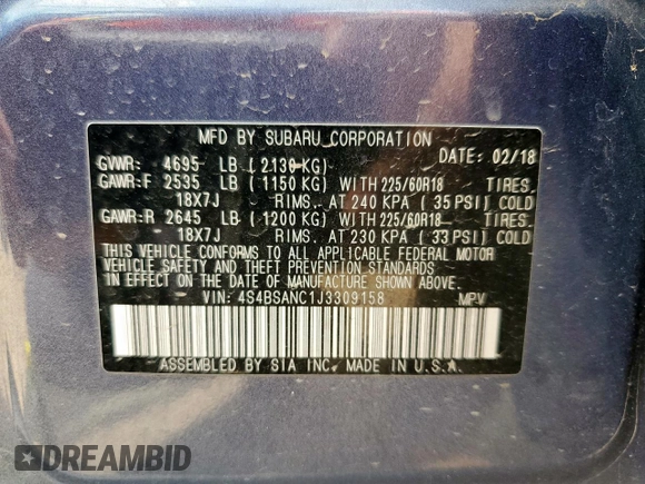 2018 Subaru Outback Limited with VIN 4S4BSANC1J3309158, listed as a Copart auction lot 60245745 with 86,852 mi miles and Clean title. Bid and sale history available at DreamBid. Image 12.