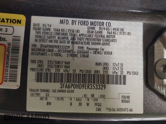 2014 Ford Fusion SE with VIN 3FA6P0HD9ER353329, listed as a IAAI auction lot 41763532 with 163,794 mi miles. Bid and sale history available at carsss.com. Image 9.