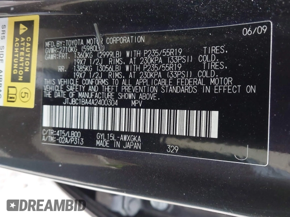 2010 Lexus RX 450h with VIN JTJBC1BA4A2400304, listed as a IAAI auction lot 41358277 with Not Provided miles and . Bid and sale history available at DreamBid. Image 9.