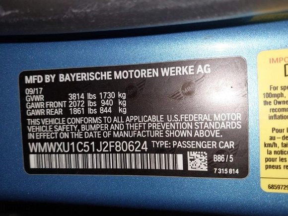 2018 MINI Hardtop 4 Door Cooper with VIN WMWXU1C51J2F80624, listed as a IAAI auction lot 41460317 with 81672 miles. Bid and sale history available at carsss.com. Image 9.