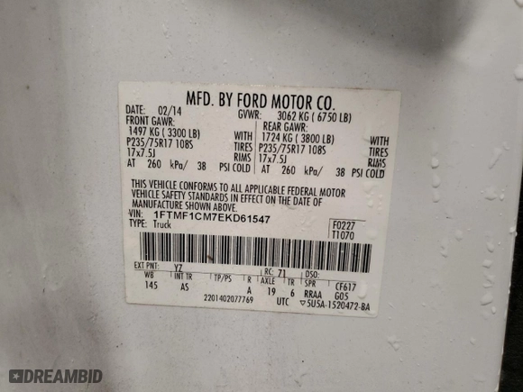 2014 Ford F-150 XL with VIN 1FTMF1CM7EKD61547, listed as a Copart auction lot 51966015 with 175,234 mi miles and Salvage Title. Bid and sale history available at carsss.com. Image 13.