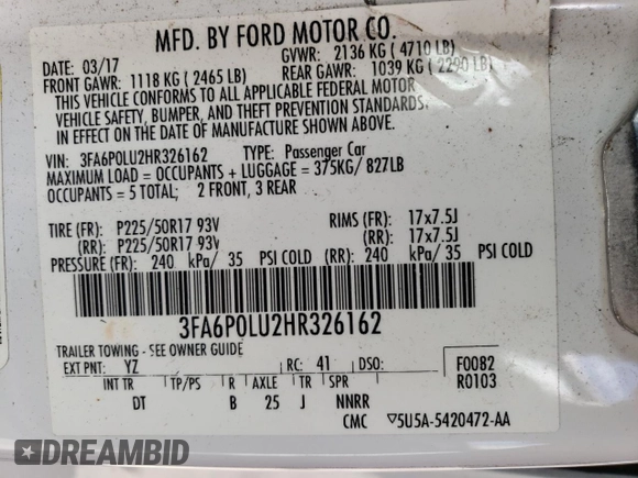 2017 Ford Fusion Hybrid SE with VIN 3FA6P0LU2HR326162, listed as a Copart auction lot 57495005 with 135,797 mi miles and Clean title. Bid and sale history available at DreamBid. Image 12.