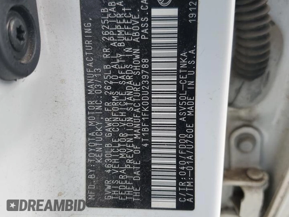 2013 Toyota Camry L with VIN 4T1BF1FK0DU239788, listed as a Copart auction lot 44190345 with 190,543 mi miles and Salvage Title. Bid and sale history available at DreamBid. Image 13.