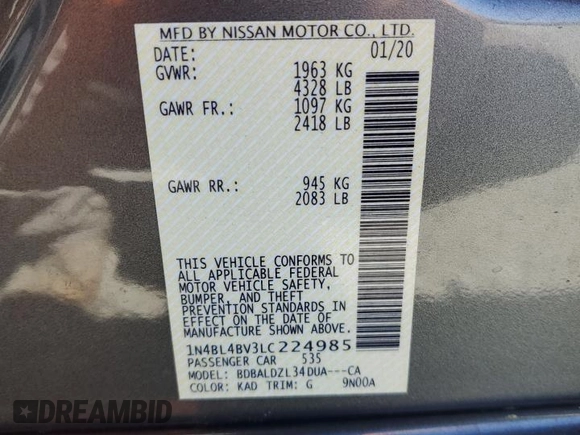 2020 Nissan Altima 2.5 S with VIN 1N4BL4BV3LC224985, listed as a Copart auction lot 50161455 with 20,845 mi miles and Salvage Title. Bid and sale history available at carsss.com. Image 12.