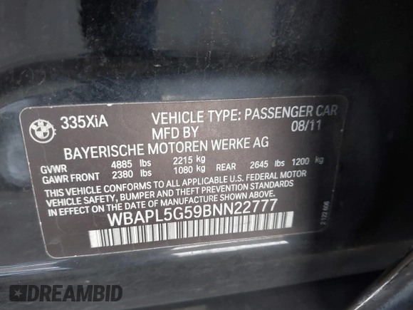 2011 BMW 3 Series 335i xDrive with VIN WBAPL5G59BNN22777, listed as a IAAI auction lot 42109275 with 126,747 mi miles and . Bid and sale history available at DreamBid. Image 9.