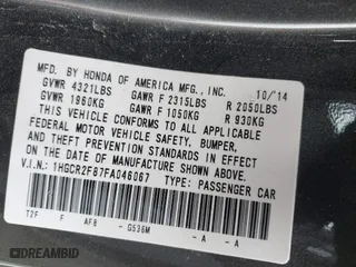 2015 Honda Accord Sedan EX-L with VIN 1HGCR2F87FA046067, listed as a IAAI auction lot 41630888 with 178,560 mi miles. Bid and sale history available at carsss.com. Image 9.