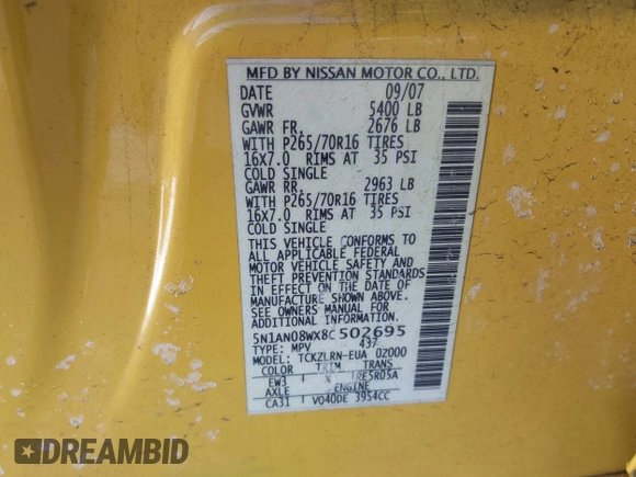 2008 Nissan Xterra X z VIN 5N1AN08WX8C502695, wystawiony jako IAAI lot #41535511 z przebiegiem 168 844 mil mil oraz . Historia ofert i sprzedaży dostępna na DreamBid. Obrazek 9.