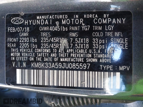 2018 Hyundai Kona Limited with VIN KM8K33A59JU085597, listed as a IAAI auction lot 41804485 with 142,172 mi miles. Bid and sale history available at carsss.com. Image 9.