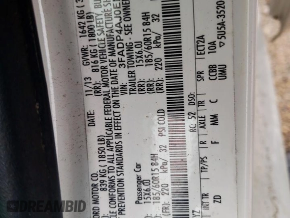 2014 Ford Fiesta S с VIN 3FADP4AJ0EM176908, выставлен на аукционе Copart как лот 58310265 с пробегом 100 113 миль миль и Списание • Salvage title. История ставок и продаж доступна на DreamBid. Изображение 12.