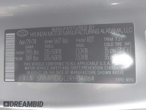 2024 Hyundai Santa Fe SE with VIN 5NMP1DGL2RH041164, listed as a IAAI auction lot 41976008 with 5,584 mi miles and . Bid and sale history available at DreamBid. Image 9.