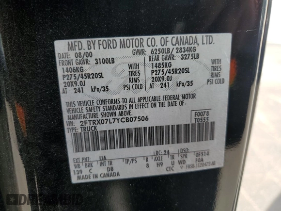 2000 Ford F-150 XL with VIN 2FTRX07L7YCB07506, listed as a Copart auction lot 56541405 with Not provided miles and Clean title. Bid and sale history available at DreamBid. Image 12.