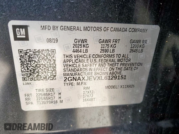 2020 Chevrolet Equinox LT z VIN 2GNAXJEVXL6129151, wystawiony jako Copart lot #56018105 z przebiegiem 73 261 mil mil oraz Szkoda całkowita • Salvage title. Historia ofert i sprzedaży dostępna na DreamBid. Obrazek 12.