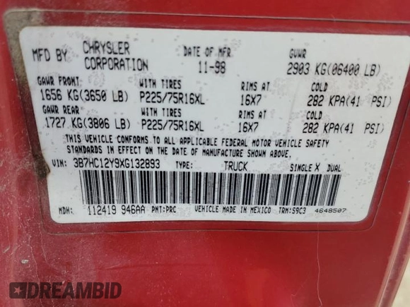 1999 Dodge 1500 with VIN 3B7HC12Y9XG132893, listed as a Copart auction lot 84658994 with Not Provided miles and Non Repairable. Bid and sale history available at DreamBid. Image 13.