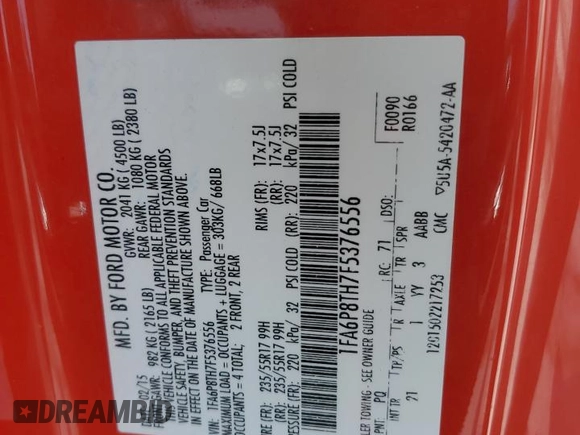 2015 Ford Mustang EcoBoost with VIN 1FA6P8TH7F5376556, listed as a Copart auction lot 59798195 with 91,649 mi miles and Salvage title. Bid and sale history available at DreamBid. Image 12.