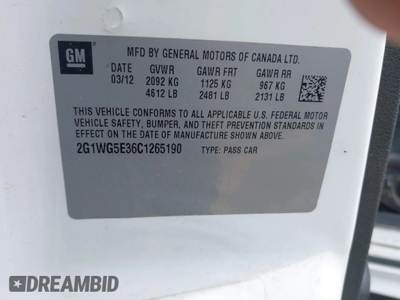 2012 Chevrolet Impala LT Fleet with VIN 2G1WG5E36C1265190, listed as a IAAI auction lot 42093312 with 144,967 mi miles and . Bid and sale history available at DreamBid. Image 9.