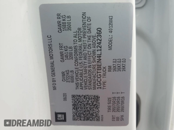 2020 Chevrolet Colorado 4WD Work Truck with VIN 1GCGTBEN4L1242360, listed as a Copart auction lot 58820455 with 29,208 mi miles and Salvage title. Bid and sale history available at DreamBid. Image 12.