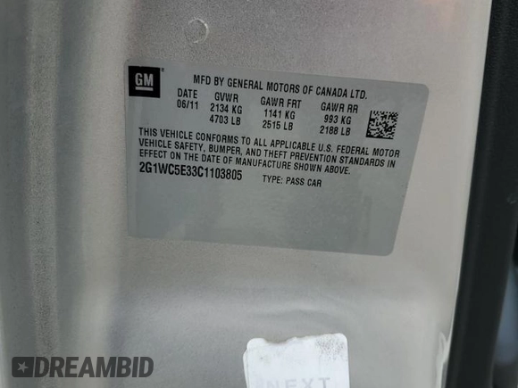 2012 Chevrolet Impala LTZ with VIN 2G1WC5E33C1103805, listed as a Copart auction lot 49508574 with 104,593 mi miles and Non Repairable. Bid and sale history available at DreamBid. Image 12.
