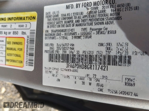 2016 Ford Fusion SE with VIN 3FA6P0HD8GR117421, listed as a IAAI auction lot 42146157 with 136,947 mi miles. Bid and sale history available at carsss.com. Image 9.