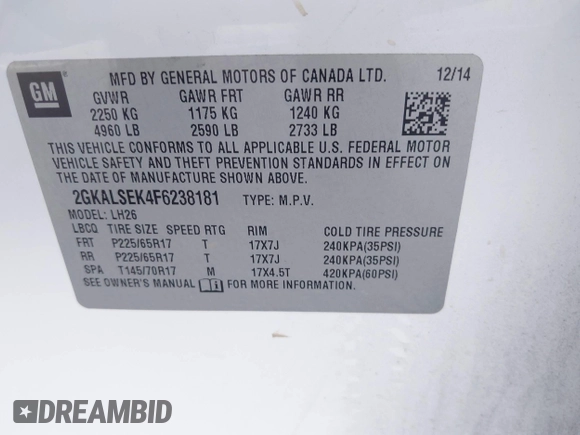 2015 GMC Terrain SLT with VIN 2GKALSEK4F6238181, listed as a IAAI auction lot 41966542 with 163,342 mi miles. Bid and sale history available at carsss.com. Image 9.