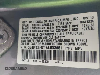 2010 Honda CR-V EX-L with VIN 5J6RE3H71AL033661, listed as a IAAI auction lot 42184670 with 220,838 mi miles and . Bid and sale history available at carsss.com. Image 9.