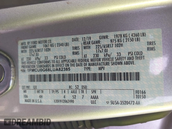 2020 Ford Escape SE с VIN 1FMCU0G68LUA82385, выставлен на аукционе IAAI как лот 42113552 с пробегом 82 771 миль миль и . История ставок и продаж доступна на DreamBid. Изображение 9.