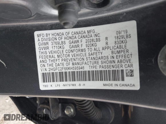 2019 Honda Civic Sedan LX with VIN 2HGFC2F66KH595946, listed as a IAAI auction lot 42017066 with 37,634 mi miles. Bid and sale history available at carsss.com. Image 9.