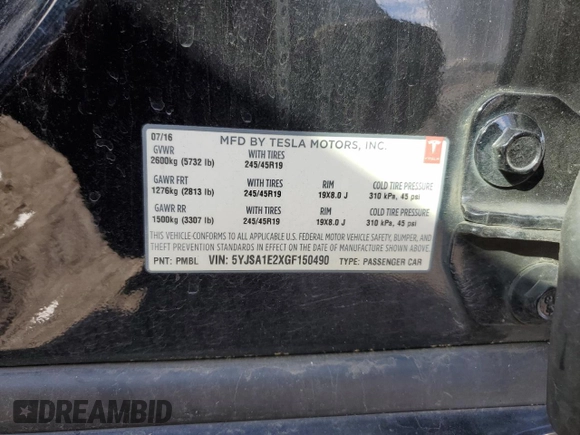 2016 Tesla Model S 90D with VIN 5YJSA1E2XGF150490, listed as a Copart auction lot 51070365 with 144,457 mi miles and Salvage Title. Bid and sale history available at DreamBid. Image 12.