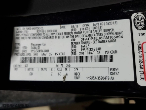 2016 Ford Fiesta SE with VIN 3FADP4EJ8GM165894, listed as a Copart auction lot 52766795 with 0 mi miles and Salvage Title. Bid and sale history available at carsss.com. Image 12.