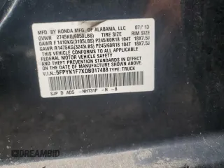 2013 Honda Ridgeline Sport with VIN 5FPYK1F7XDB017488, listed as a Copart auction lot 75591434 with 0 mi miles and Salvage Title. Bid and sale history available at carsss.com. Image 13.