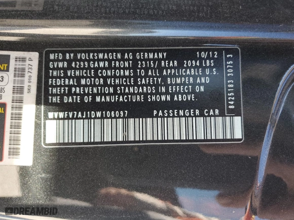 2013 Volkswagen GTI with VIN WVWFV7AJ1DW106097, listed as a Copart auction lot 49398835 with 138,378 mi miles and Salvage Title. Bid and sale history available at carsss.com. Image 12.