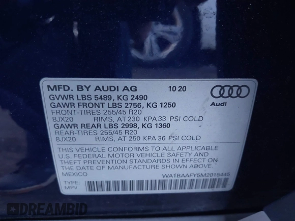 2021 Audi Q5 Premium Plus with VIN WA1BAAFY5M2015445, listed as a IAAI auction lot 42648905 with 41,312 mi miles and . Bid and sale history available at DreamBid. Image 9.