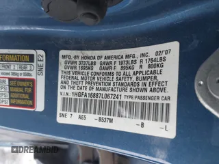 2007 Honda Civic EX with VIN 1HGFA16887L067241, listed as a IAAI auction lot 41336053 with Not Provided miles and . Bid and sale history available at DreamBid. Image 9.