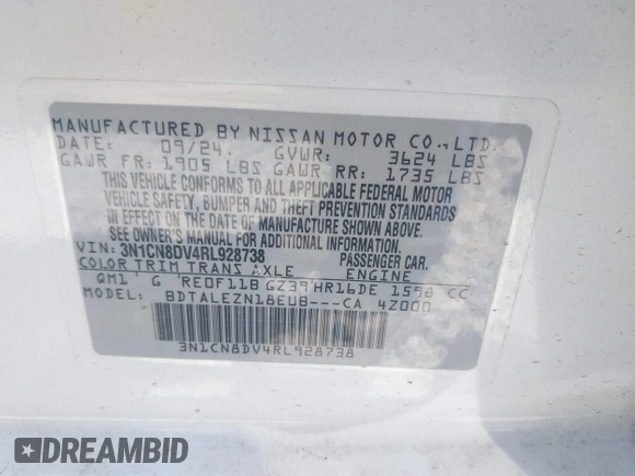 2024 Nissan Versa S с VIN 3N1CN8DV4RL928738, выставлен на аукционе IAAI как лот 42006335 с пробегом 8 713 миль миль и . История ставок и продаж доступна на DreamBid. Изображение 9.