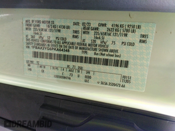 2023 Ford Transit Passenger XL with VIN 1FBAX2YG6PKA64348, listed as a IAAI auction lot 41850514 with 60,902 mi miles and . Bid and sale history available at DreamBid. Image 9.