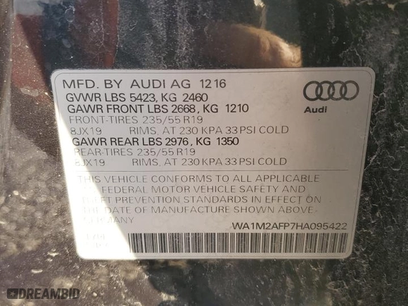2017 Audi Q5 Premium Plus with VIN WA1M2AFP7HA095422, listed as a Copart auction lot 48459505 with 97,947 mi miles and Salvage Title. Bid and sale history available at carsss.com. Image 13.